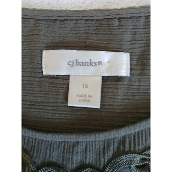 CJ Banks Blouse Womens 1X Top Short Sleeve Green Olive Scoop Neck - Picture 12 of 13